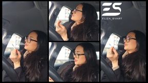 Smoking in my car in a turtleneck and fur coat