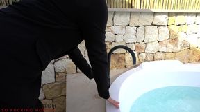 personal assistant in pencil skirt and nylon stockings having a sex pool party with the boss - business-bitch