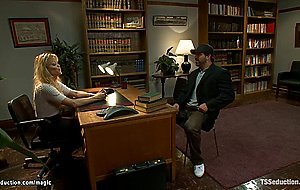 Blond TS anal fucks tied man in office