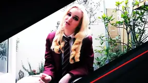 Office secretary Victoria Greene gives a deepthroat blowjob on the milking table