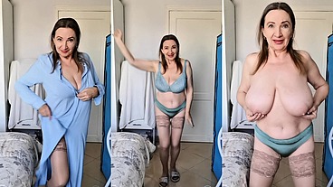 Busty GILF teasing in stockings