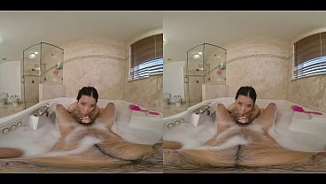 Brunette Asian Kiki King sucks and licks in a soapy bath