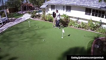 Gabby Quinteros is fucking a handsome dude in the backyard, in the middle of the day