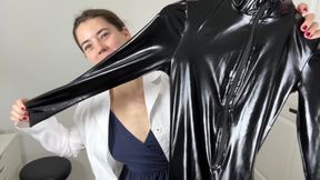 Trying on Shiny Spandex Catsuit with White Lab Coat