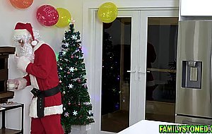 Stepmom joins stepdaughter sucking Santas cock together