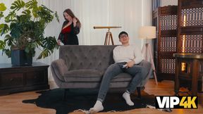 Bruno, Amber & Emmanuel have a naughty time with a big titted stranger in stockings and long hair