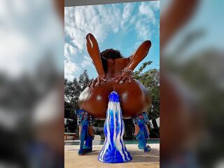 Riding my large blue Sex toy Outside and Squirting all along