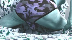 stop action groin stretching up close on chair with pattern in camo briefs and socks