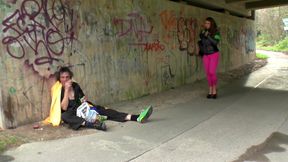 Big boobed milf takes vagabond older dirty dude for her pissing session with fucking