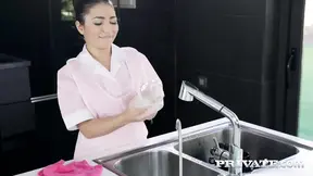 Shaved slutty maid takes double DP and nice tits breasting