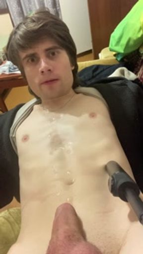 On a bicycle he jerks off, leaving on a chair, cumming with rain on his head, eating sperm