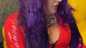 Val in red latex piping balloons