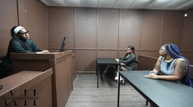 Athena Hazes seen Ebony slut suck and fuck in her courtroom