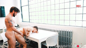 Deepthroating & hardcore booty pounding on the table by blonde Ethan Chase & h