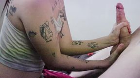 Blonde stoner babe worships huge cock with enthusiasm