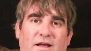 Older stud jerks himself off to orgasm after an interview