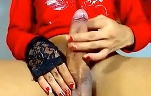 Skinny colombian shemale is jerking off and cums