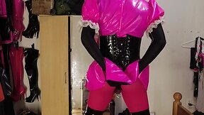 Self bondage in new boots: sissy maids chastity cage spiked