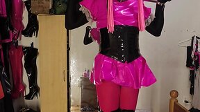 Self bondage in new boots: sissy maids chastity cage spiked
