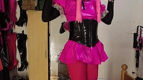 Self bondage in new boots: sissy maids chastity cage spiked