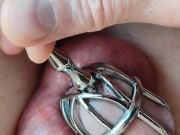 Chastity, urethral fuck close up and slow motion cumshot