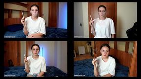 1-6 Ramona Lynn is smoking all-white Virginia Slims 120s cigarettes in the bedroom at home using matches (4 scenes) 4K resolution