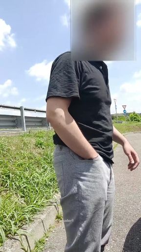 Exhibitionist shows off hairy cock in public