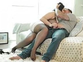 Anastasia Lux blows guy on sofa