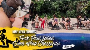 9 Dommes challenge 4 pet-boys to fetch the ball beting their own asses (720 EN-sub)