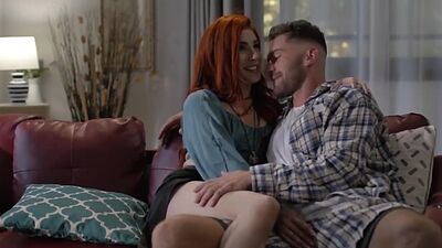 Shemale redhead throats and ass fucked by her horny boyfried