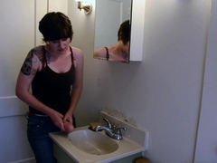 Amateur busty brunette masturbates and does hand job