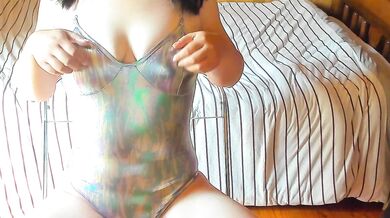Tight leotard bulging nips cum trapped Japanese teen wanks