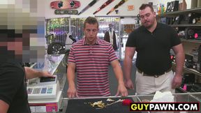 Handsome guy given money to fuck two homo pawn shop workers