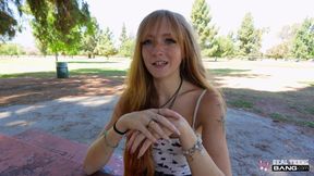 Ginger teen Amber Stark deepthroats big cock and gets fucked from behind