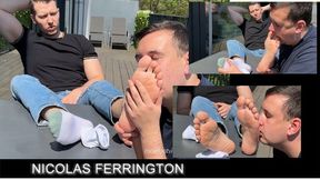 Soak in the heat of a perfect summer afternoon as the charismatic Nicolas Ferrington relaxes on his private balcony. Feel the tension build as he commands James to worship his bare feet under the glow of the golden sun.