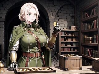 Blond Knight's Afternoon! Green Uniform Golden Mechanical Arms, Slowly Contemplating in Ancient Stone Ruins.