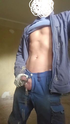 Skinny craftsman pisses on the construction site   Clip 1