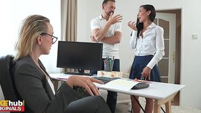 Secretary girl wants to get a raise by trading her tight asshole to her boss for it