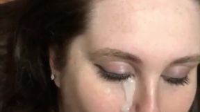 BBW MILF gives a sloppy blowjob and gets facial after facial in this