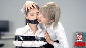 Bound and gagged for her nose play pleasure – An Komatsu straddles and sucks while Haruhi Tsukigata squirms on her office chair