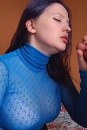 A beautiful bitch with blue hair made the best blowjob with plump lips