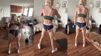 Blonde fit babe stuffs her tiny ass in workout panties