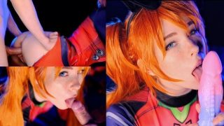 Perempuan murahan panas Asuka Langley cosplayer faraj menitis dengan air mani selepas fuck kasar