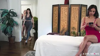 Octavia Red oiled and pleasured by Lexi Luna in lesbian threesome massage