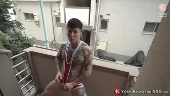 Tattooed Japanese Stud Yoshi Kawasaki Jerks Big Cock on Balcony