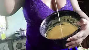 Chubby MILF makes homemade cake and shows off big ass
