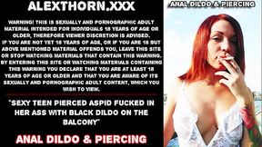 Sexy teen Pierced Aspid fucked in her ass with black dildo on the balcony