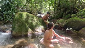 I find a midget pervert watching me in the river while I bathe naked, I see that he has a huge cock so I ask him to fuck me.