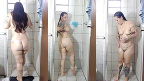 curious goddess - taking a shower, showing the soles of her feet, her small breasts, her hairy pussy and big ass