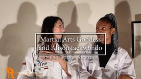 Martial Arts Goddess and Alison taekwondo kicking action together -